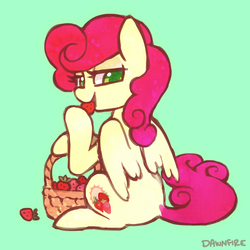 Size: 1800x1800 | Tagged: safe, artist:dawnfire, strawberry sunrise, pegasus, pony, g4, basket, eating, female, food, fruit, green background, herbivore, looking at you, looking back, looking back at you, mare, simple background, solo, strawberry