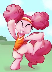 Size: 1290x1776 | Tagged: safe, artist:noupu, pinkie pie, earth pony, pony, buckball season, g4, afro puffs, bipedal, clothes, eyes closed, female, mare, pinktails pie, smiling, solo