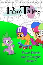 Size: 800x1200 | Tagged: artist needed, safe, edit, apple bloom, scootaloo, spike, sweetie belle, dragon, earth pony, pegasus, pony, unicorn, series:pony tales, g4, cover art, exclamation point, faust wants me to forgive them!?!, interrobang, question mark, scooter, veggietales, wagon