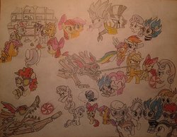 Size: 1024x793 | Tagged: safe, artist:jebens1, ambermoon, apple bloom, applejack, auntie eclipse, cup cake, diamond tiara, featherweight, lilymoon, pinkie pie, pipsqueak, rainbow dash, rumble, scootaloo, silver spoon, sweetie belle, twilight sparkle, twist, zecora, alicorn, earth pony, pegasus, pony, timber wolf, unicorn, zebra, g4, ponyville mysteries, the tail of the timberwolf, cutie mark crusaders, female, filly, hug, lasso, mare, peppermint, rope, simple background, species swap, thought bubble, traditional art, transformation, twilight sparkle (alicorn), white background