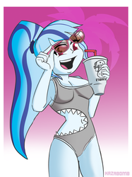 Size: 817x1090 | Tagged: safe, artist:kazabomb, sonata dusk, equestria girls, g4, belly button, clothes, cup, drinking straw, female, one-piece swimsuit, red eyes, shark swimsuit, solo, straw, summer, sunglasses, swimsuit