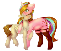 Size: 2701x2245 | Tagged: safe, artist:twinkepaint, oc, oc only, oc:twinke paint, pegasus, pony, unicorn, clothes, female, high res, hug, mare, rainbow hair, simple background, socks, transparent background