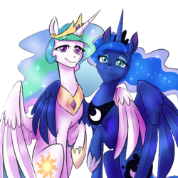 Size: 1280x1280 | Tagged: safe, artist:jitterbugjive, edit, editor:childofthenight, princess celestia, princess luna, alicorn, pony, g4, background removed, female, hoof shoes, hug, lidded eyes, looking at you, mare, royal sisters, side hug, simple background, sisters, smiling, transparent background, winghug