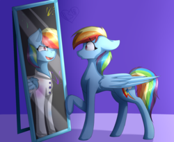 Size: 1464x1200 | Tagged: safe, artist:kittykat1279, rainbow dash, pegasus, pony, fanfic:rainbow factory, g4, clothes, dr jekyll and mr hyde, hair over one eye, iced earth, inner demons, lab coat, mirror, open mouth, rainbow factory dash, raised hoof, reflection, self paradox