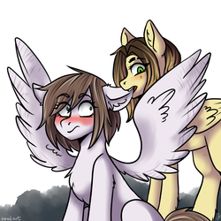 Size: 1500x1500 | Tagged: safe, artist:serodart, oc, oc only, pegasus, pony, biting, blushing, duo, ear bite, eyebrow slit, eyebrows