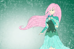 Size: 3331x2241 | Tagged: safe, artist:pyrus-leonidas, fluttershy, bird, human, g4, abstract background, beautiful, clothes, dress, druid, fantasy class, female, flutterdruid, high res, humanized, looking at something, smiling, solo, windswept hair
