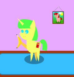 Size: 1994x2076 | Tagged: safe, artist:alltimemine, oc, oc only, oc:glowink, oc:paper clip, pony, unicorn, ask the filly from russia(paper clip), ask, banana, cutie mark, female, food, horn, inkscape, mare, open mouth, pointy ponies, smiling, solo, tumblr, vector