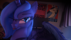 Size: 3840x2160 | Tagged: safe, artist:doctorthei, princess celestia, princess luna, alicorn, pony, g4, 3d, bedroom eyes, bust, chest fluff, ear fluff, female, fluffy, glasses, high res, looking at you, mare, s1 luna, solo, source filmmaker, spread wings, tongue out, wings