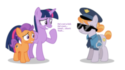 Size: 2244x1256 | Tagged: safe, artist:lunaticdawn, copper top, tender taps, twilight sparkle, alicorn, earth pony, pony, g4, caught, clothes, colt, cuffs, female, foal, hoof sucking, male, mare, police officer, police uniform, shipping, simple background, straight, straight shota, sunglasses, this will end in jail time, transparent background, twilight is a colt coddler, twilight is a foal fiddler, twilight sparkle (alicorn), twitaps