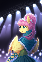 Size: 706x1042 | Tagged: safe, artist:ladychimaera, fluttershy, pegasus, anthro, g4, alternate hairstyle, camera flashes, clothes, dress, female, headdress, mare, modelshy, ponytail, smiling, solo, spotlight, spread wings, turned head, wings