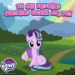 Size: 1080x1080 | Tagged: safe, gameloft, starlight glimmer, pony, unicorn, g4, official, school daze, book, bronybait, cute, female, glimmerbetes, logo, looking at you, mare, my little pony logo, rainbow, solo, text