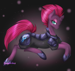 Size: 1563x1484 | Tagged: safe, artist:bunnywhiskerz, tempest shadow, pony, unicorn, g4, my little pony: the movie, abstract background, armor, broken horn, colored pupils, eye scar, female, horn, lidded eyes, looking at you, mare, scar, signature, solo