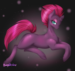 Size: 1563x1484 | Tagged: safe, alternate version, artist:bunnywhiskerz, tempest shadow, pony, unicorn, g4, abstract background, blank flank, broken horn, colored pupils, eye scar, female, horn, lidded eyes, looking at you, mare, scar, signature, solo