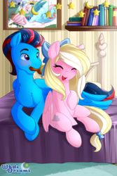 Size: 2000x3000 | Tagged: safe, artist:scarlet-spectrum, artist:xwhitedreamsx, oc, oc only, oc:andrew swiftwing, oc:bay breeze, pegasus, pony, bed, bedroom, blushing, book, bookshelf, bow, brush, brushing, duo, duo male and female, eyes closed, female, hair bow, high res, lightly watermarked, male, mare, oc x oc, open mouth, open smile, picture-in-picture, shipping, smiling, stallion, stars, straight, swiftbreeze, watermark