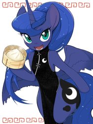 Size: 1536x2048 | Tagged: safe, artist:30clock, princess luna, alicorn, semi-anthro, g4, bottom heavy, cheongsam, clothes, dress, dumplings, female, food, looking at you, mare, open mouth, side slit, solo, total sideslit, wide hips