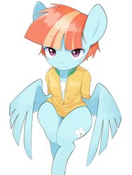 Size: 1536x2048 | Tagged: safe, artist:30clock, windy whistles, pegasus, pony, semi-anthro, g4, butt wings, clothes, cute, female, looking at you, mare, no pants, simple background, sitting, smiling, solo, white background, wings