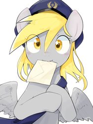 Size: 1536x2048 | Tagged: safe, artist:30clock, derpy hooves, pegasus, pony, g4, blushing, envelope, female, hat, letter, mailbag, mailmare, mare, mouth hold, simple background, solo, white background