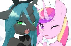 Size: 1535x1009 | Tagged: safe, artist:30clock, princess cadance, queen chrysalis, alicorn, changeling, changeling queen, semi-anthro, g4, adorasexy, bipedal, blushing, bowtie, bunny ears, bunny suit, clothes, cute, cutie mark, duo, duo female, eyebrows, eyelashes, fangs, female, green eyes, horn, insect wings, leotard, looking at you, mare, one eye closed, open mouth, playboy bunny, purple eyes, royalty, sexy, stupid sexy chrysalis, stupid sexy princess cadance, teeth, tongue out, wings, wink