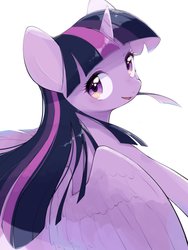 Size: 1536x2048 | Tagged: safe, artist:30clock, twilight sparkle, alicorn, pony, g4, female, looking at you, looking back, mare, open mouth, simple background, smiling, solo, twilight sparkle (alicorn), white background, wings