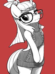 Size: 1536x2048 | Tagged: safe, artist:30clock, moondancer, unicorn, semi-anthro, backless, bipedal, clothes, cute, female, glasses, looking away, mare, open-back sweater, simple background, sleeveless sweater, solo, sweater, virgin killer sweater