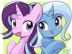 Size: 2048x1536 | Tagged: safe, artist:30clock, starlight glimmer, trixie, pony, unicorn, g4, blushing, cute, diatrixes, duo, duo female, female, glimmerbetes, lesbian, mare, ship:startrix, shipping, simple background, tongue out