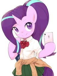 Size: 1536x2048 | Tagged: safe, artist:30clock, starlight glimmer, pony, unicorn, semi-anthro, g4, arm hooves, cellphone, clothes, cute, female, glimmerbetes, holding, mare, phone, pleated skirt, selfie, skirt, smartphone, smiling, solo