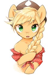 Size: 1536x2048 | Tagged: safe, artist:30clock, applejack, earth pony, pony, semi-anthro, g4, alternate hairstyle, braid, clothes, cowboy hat, female, front knot midriff, hat, looking at you, mare, midriff, off shoulder, open mouth, plaid shirt, simple background, solo, stetson, white background