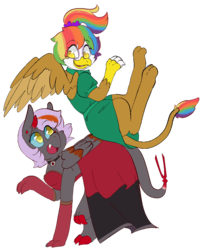 Size: 842x1040 | Tagged: safe, artist:coffeedazes, oc, oc only, oc:fickle fortune, oc:rainbow feather, griffon, clothes, dancing, dracosteed, dress, duo, friends, interspecies offspring, magical lesbian spawn, offspring, parent:funeral dirge, parent:gilda, parent:rainbow dash, parents:gildash, pony prom, prom, simple background, transparent background