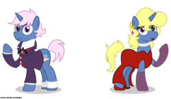 Size: 1900x1100 | Tagged: safe, artist:gamerpen, oc, oc only, oc:azure/sapphire, pony, unicorn, before and after, clothes, crossdressing, cutie mark, dress, ear piercing, earring, femboy, jessica rabbit dress, jewelry, makeup, male, piercing, red dress, simple background, transparent background