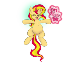 Size: 1800x1500 | Tagged: safe, artist:bellspurgebells, pinkie pie, sunset shimmer, earth pony, pony, unicorn, g4, belly, female, fetish, magic, micro, pinkie prey, shrinking, simple background, telekinesis, tongue out, vore, voreset shimmer, white background
