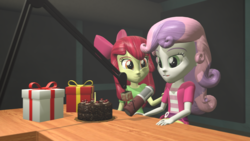 Size: 1920x1080 | Tagged: safe, artist:razethebeast, apple bloom, sweetie belle, equestria girls, g4, 3d, cake, candle, cherry, claire corlett, clothes, food, happy birthday, microphone, present, source filmmaker, table