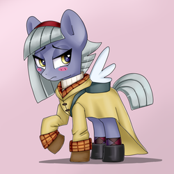 Size: 900x900 | Tagged: safe, artist:rosefluffdraws, limestone pie, earth pony, pony, g4, backpack, blushing, boots, clothes, coat, cosplay, costume, female, gloves, headband, kanon, looking away, mare, pink background, raised hoof, shadow, shoes, simple background, solo