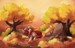 Size: 3071x2008 | Tagged: safe, artist:askpopcorn, oc, oc only, oc:popcorn, earth pony, pony, autumn, clothes, female, hat, high res, mare, rock, scarf, scenery, tree