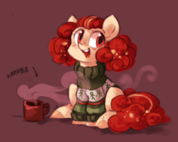 Size: 1181x945 | Tagged: safe, artist:askpopcorn, oc, oc only, oc:popcorn, earth pony, pony, clothes, female, freckles, mare, mug, simple background, smiling, solo, sweater