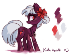 Size: 1063x827 | Tagged: safe, artist:askpopcorn, oc, oc only, oc:voodoo needle, earth pony, pony, aside glance, color palette, female, flower, flower in hair, jewelry, looking at you, mare, necklace, simple background, smiling, solo