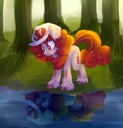 Size: 1340x1392 | Tagged: safe, artist:darkanutiy, oc, oc only, oc:popcorn, earth pony, pony, female, forest, looking down, mare, reflection, solo, water