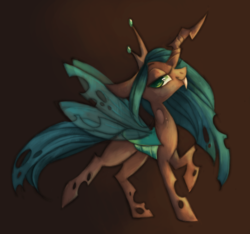 Size: 945x886 | Tagged: safe, artist:askpopcorn, queen chrysalis, changeling, changeling queen, g4, fangs, female, lidded eyes, looking at you, mare, simple background, smiling, solo
