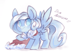 Size: 827x591 | Tagged: safe, artist:askpopcorn, oc, oc only, oc:snowdrop, pegasus, pony, clothes, cute, cyrillic, female, filly, looking at you, russian, scarf, simple background, smiling, solo, translated in the comments