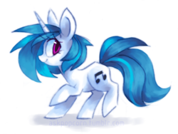 Size: 945x709 | Tagged: safe, artist:askpopcorn, dj pon-3, vinyl scratch, pony, unicorn, g4, aside glance, female, looking at you, mare, simple background, smiling, solo
