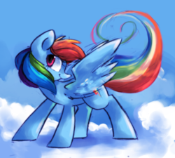 Size: 1181x1063 | Tagged: safe, artist:askpopcorn, rainbow dash, pegasus, pony, g4, cloud, cutie mark, female, hooves, mare, on a cloud, smiling, solo, spread wings, standing on a cloud, wings