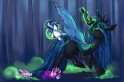 Size: 1772x1181 | Tagged: safe, artist:askpopcorn, princess cadance, queen chrysalis, shining armor, alicorn, changeling, changeling queen, pony, unicorn, g4, doll, female, glowing horn, horn, magic, mare, solo, stuffing, telekinesis, torn, toy