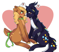 Size: 3558x3096 | Tagged: safe, artist:hiimrushing, oc, oc only, oc:azurite floss, oc:olive branch, deer pony, dracony, hybrid, original species, bow, commission, couple, female, food, gift art, heart, high res, imminent kissing, male, oc x oc, olite, pocky, shipping, straight, tail bow, thought bubble, ych result