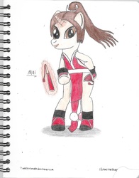 Size: 1641x2097 | Tagged: safe, artist:toonalexsora007, pony, unicorn, bipedal, fan, king of fighters, mai shiranui, ponified, snk, solo, traditional art