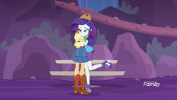 Size: 1280x720 | Tagged: safe, screencap, applejack, rarity, equestria girls, equestria girls specials, g4, my little pony equestria girls: better together, my little pony equestria girls: rollercoaster of friendship, boots, clothes, discovery family logo, foot popping, gem, hug, jacket, jewelry, park, reunited, shipping fuel, shoes