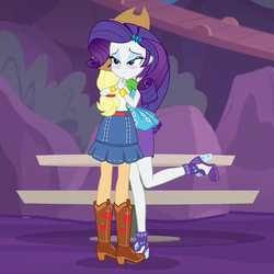 Size: 621x620 | Tagged: safe, screencap, applejack, rarity, equestria girls, equestria girls specials, g4, my little pony equestria girls: better together, my little pony equestria girls: rollercoaster of friendship, boots, clothes, cropped, discovery family logo, foot popping, gem, hug, jacket, jewelry, park, rarity peplum dress, reunited, shipping fuel, shoes