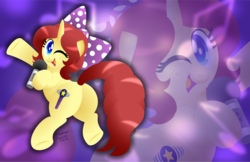 Size: 1600x1035 | Tagged: safe, artist:aleximusprime, oc, oc only, oc:eilemonty, pony, unicorn, birthday gift, bow, butt, cute, eilemonty, female, flank, freckles, hoof hold, horn, lineless, looking at you, looking back, mare, microphone, musician, one eye closed, plot, ponysona, singer, singing, solo, turned head, unicorn oc, wink, winking at you, zoom layer