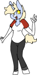 Size: 397x806 | Tagged: safe, artist:nootaz, oc, oc only, oc:nootaz, unicorn, anthro, unguligrade anthro, anthro oc, clothes, open mouth, peace sign, simple background, solo, transparent background