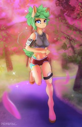 Size: 1452x2244 | Tagged: safe, artist:drabtac, oc, oc only, anthro, unguligrade anthro, anthro oc, auction, bid, commission, cute, female, green hair, runner, running, solo, ych result
