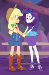 Size: 658x1009 | Tagged: safe, screencap, applejack, rarity, equestria girls, equestria girls series, g4, rollercoaster of friendship, blushing, cropped, female, looking at each other, rarity peplum dress, shipping fuel