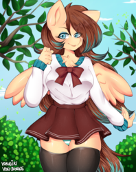 Size: 2280x2880 | Tagged: safe, artist:vonnir, oc, oc only, oc:amora bunny, pegasus, anthro, bowtie, clothes, female, high res, looking at you, panties, school uniform, solo, stockings, thigh highs, underwear